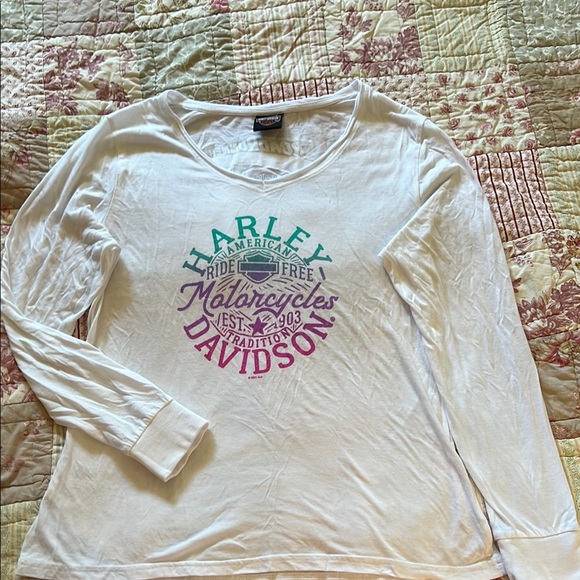 Harley-Davidson Tops - Harley-Davidson White Tee with Green and Purple Logo on bright white shirt